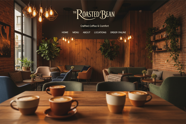 Modern cozy coffee shop website homepage with warm lighting, coffee cups, and elegant interior design