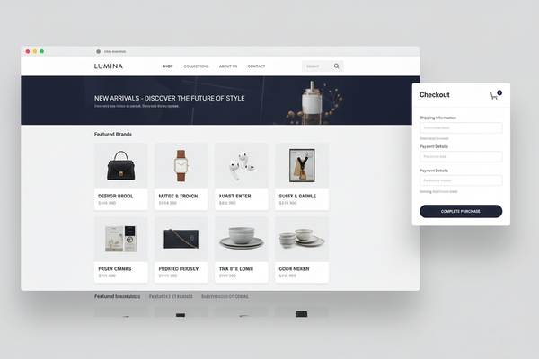 Professional e-commerce online store website showcasing products, shopping cart, modern clean interface with seamless checkout experience