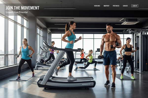 Professional fitness website landing page with health club members exercising, modern gym equipment, energetic and motivational design